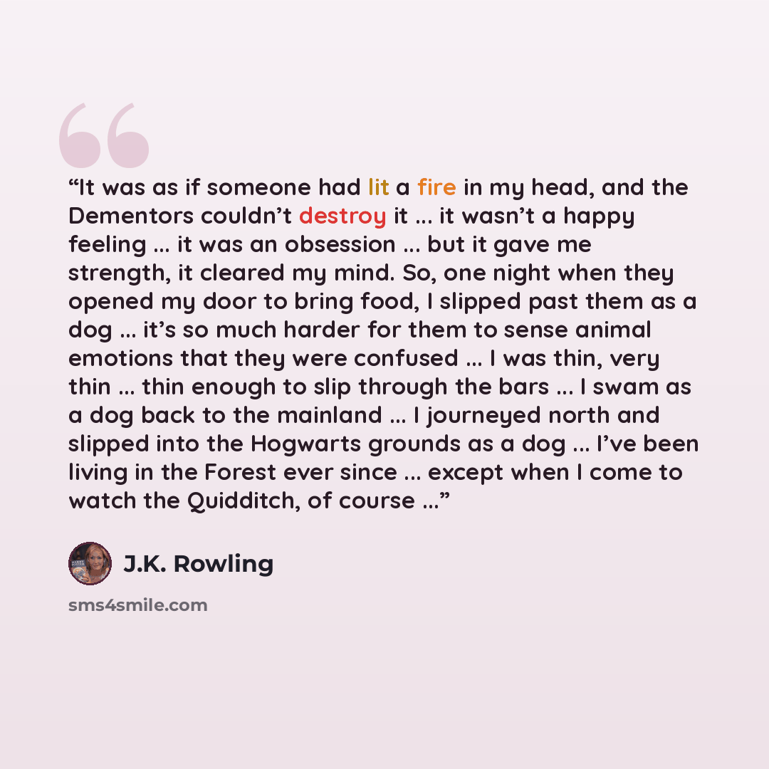 “It was as if someone had lit a fire in my head, and the Dementors couldn’t destroy it ... it wasn’t a happy feeling ... it was an obsession ... but it gave me strength, it cleared my mind. So, one night when they opened my door to bring food, I slipped past them as a dog ... it’s so much harder…” quote by J.K. Rowling