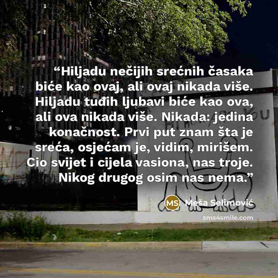 “Hiljadu nečijih srećnih časaka biće kao ovaj, ali ovaj nikada više. Hiljadu tuđih ljubavi biće kao ova, ali ova nikada više. Nikada: jedina konačnost. Prvi put znam šta je sreća, osjećam je, vidim, mirišem. Cio svijet i cijela vasiona, nas troje. Nikog drugog osim nas nema.” quote by Mesa Selimovic