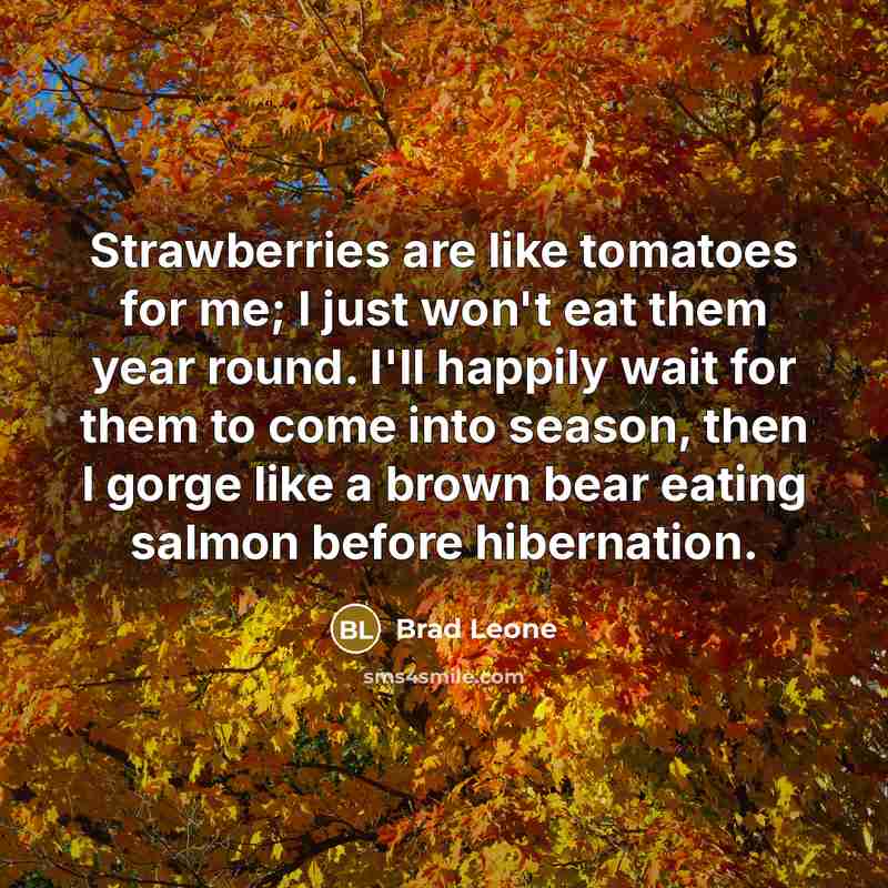 “Strawberries are like tomatoes for me; I just won't eat them year round. I'll happily wait for them to come into season, then I gorge like a brown bear eating salmon before hibernation.” quote by Brad Leone