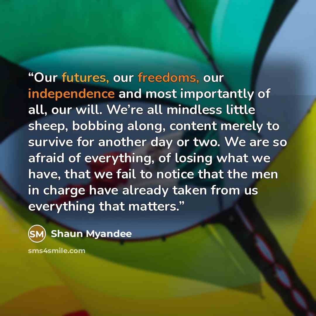 “Our futures, our freedoms, our independence and most importantly of all, our will. We’re all mindless little sheep, bobbing along, content merely to survive for another day or two. We are so afraid of everything, of losing what we have, that we fail to notice that the men in charge have already…” quote by Shaun Myandee