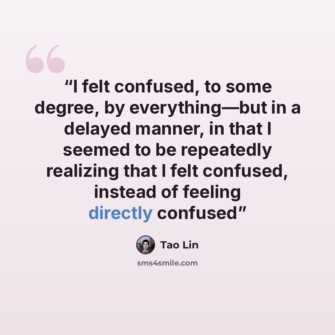 “I felt confused, to some degree, by everything—but in a delayed manner, in that I seemed to be repeatedly realizing that I felt confused, instead of feeling directly confused” quote by Tao Lin