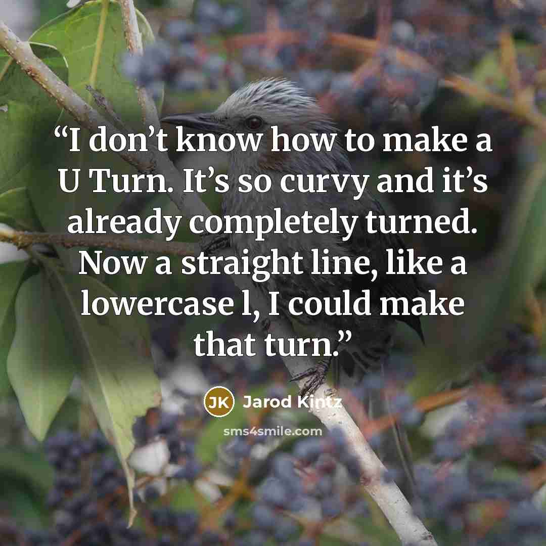 “I don’t know how to make a U Turn. It’s so curvy and it’s already completely turned. Now a straight line, like a lowercase l, I could make that turn.” quote by Jarod Kintz