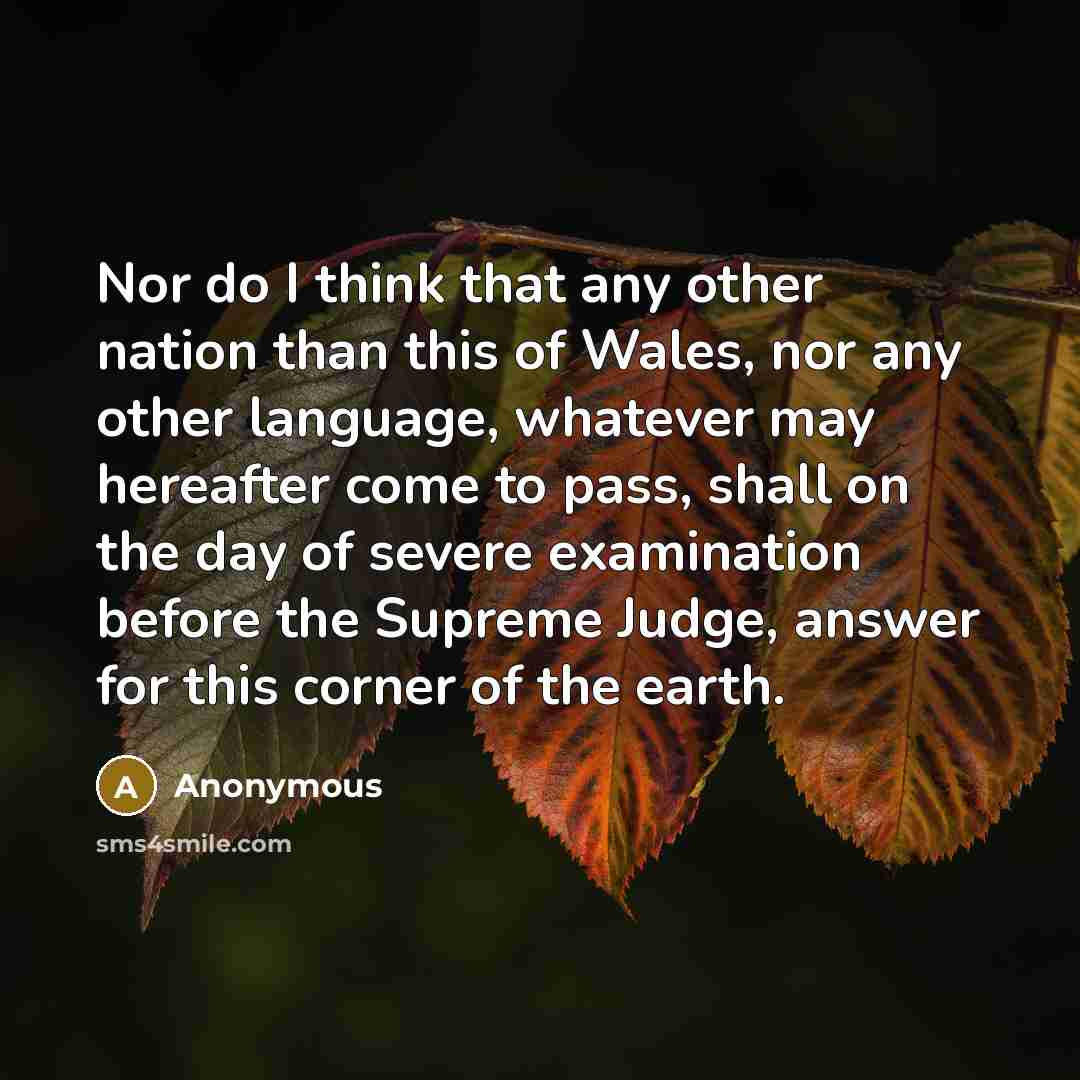 “Nor do I think that any other nation than this of Wales, nor any other language, whatever may hereafter come to pass, shall on the day of severe examination before the Supreme Judge, answer for this corner of the earth.” quote by Anonymous