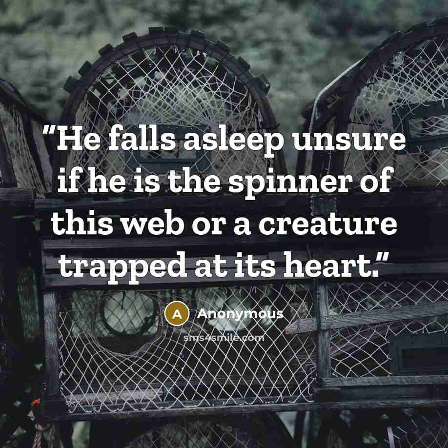“He falls asleep unsure if he is the spinner of this web or a creature trapped at its heart.” quote by Anonymous