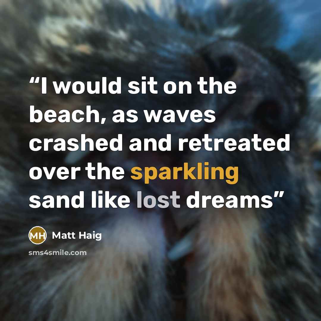 “I would sit on the beach, as waves crashed and retreated over the sparkling sand like lost dreams” quote by Matt Haig