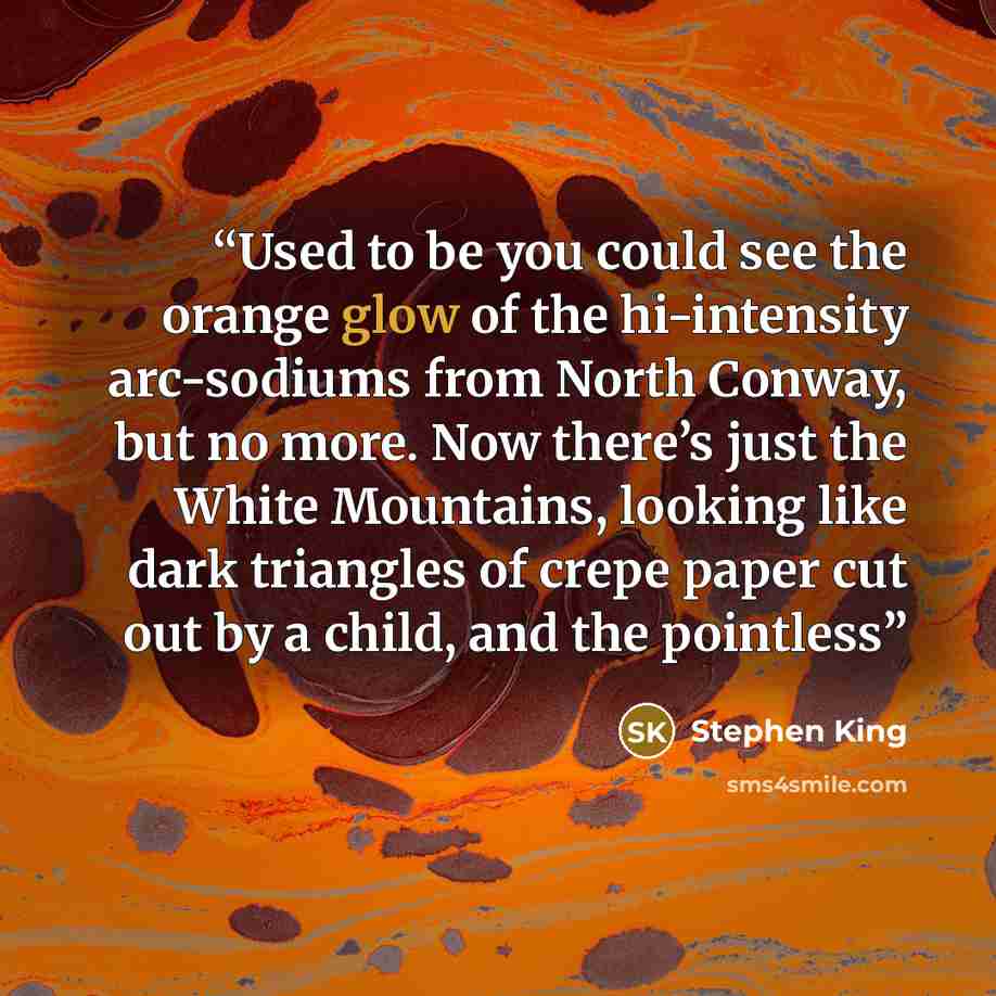 “Used to be you could see the orange glow of the hi-intensity arc-sodiums from North Conway, but no more. Now there’s just the White Mountains, looking like dark triangles of crepe paper cut out by a child, and the pointless” quote by Stephen King