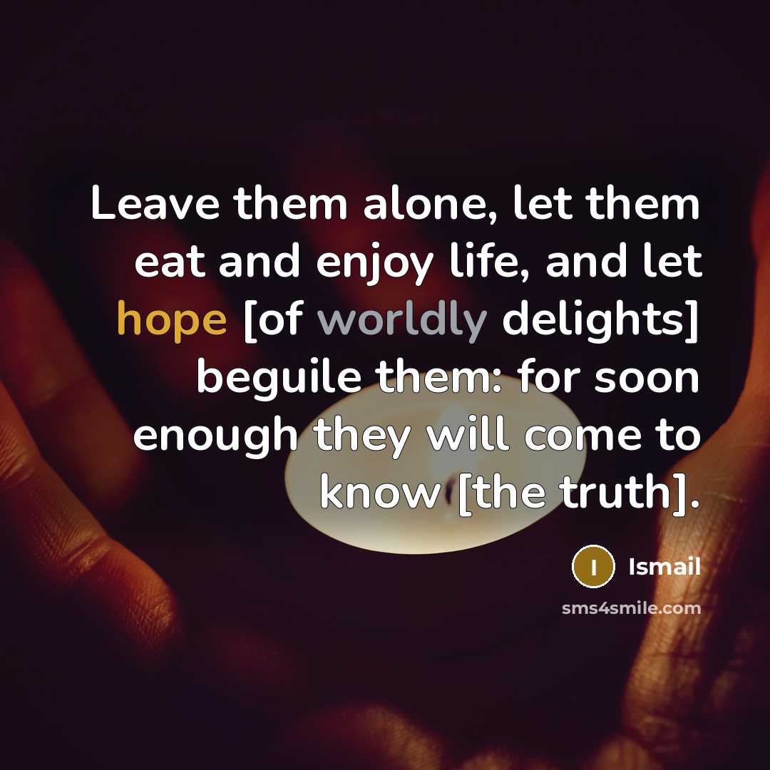 “Leave them alone, let them eat and enjoy life, and let hope [of worldly delights] beguile them: for soon enough they will come to know [the truth].” quote by Ismail