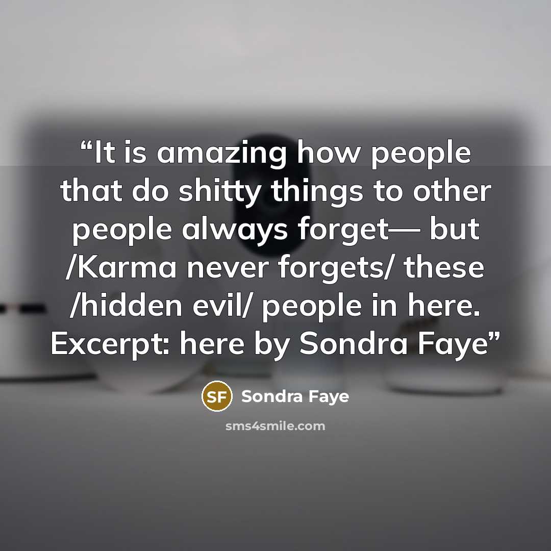 “It is amazing how people that do shitty things to other people always forget— but /Karma never forgets/ these /hidden evil/ people in here. Excerpt: here by Sondra Faye” quote by Sondra Faye