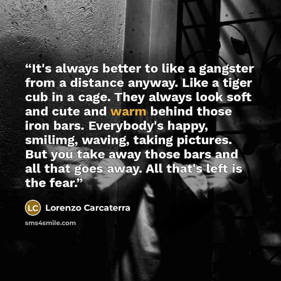 “It's always better to like a gangster from a distance anyway. Like a tiger cub in a cage. They always look soft and cute and warm behind those iron bars. Everybody's happy, smilimg, waving, taking pictures. But you take away those bars and all that goes away. All that's left is the fear.” quote by Lorenzo Carcaterra