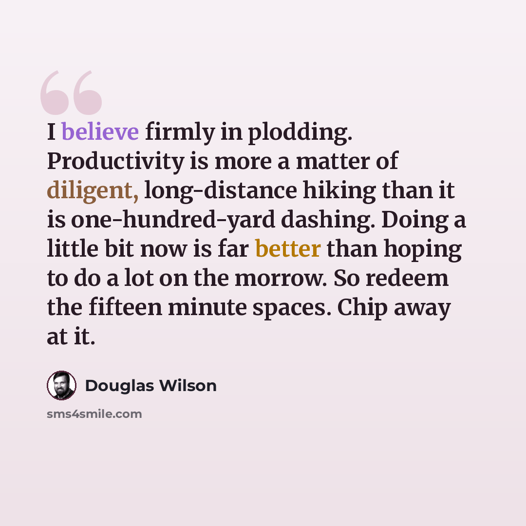 “I believe firmly in plodding. Productivity is more a matter of diligent, long-distance hiking than it is one-hundred-yard dashing. Doing a little bit now is far better than hoping to do a lot on the morrow. So redeem the fifteen minute spaces. Chip away at it.” quote by Douglas Wilson