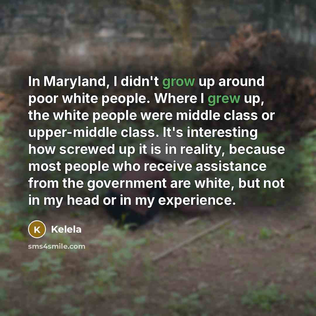 “In Maryland, I didn't grow up around poor white people. Where I grew up, the white people were middle class or upper-middle class. It's interesting how screwed up it is in reality, because most people who receive assistance from the government are white, but not in my head or in my experience.” quote by Kelela
