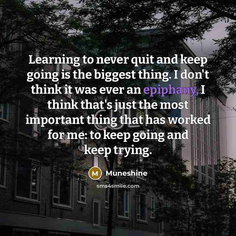 “Learning to never quit and keep going is the biggest thing. I don't think it was ever an epiphany, I think that's just the most important thing that has worked for me: to keep going and keep trying.” quote by Muneshine