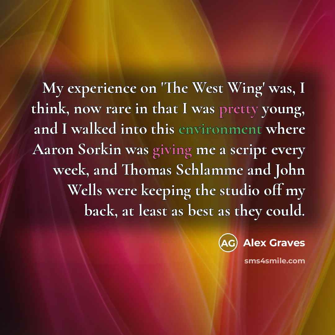 “My experience on 'The West Wing' was, I think, now rare in that I was pretty young, and I walked into this environment where Aaron Sorkin was giving me a script every week, and Thomas Schlamme and John Wells were keeping the studio off my back, at least as best as they could.” quote by Alex Graves
