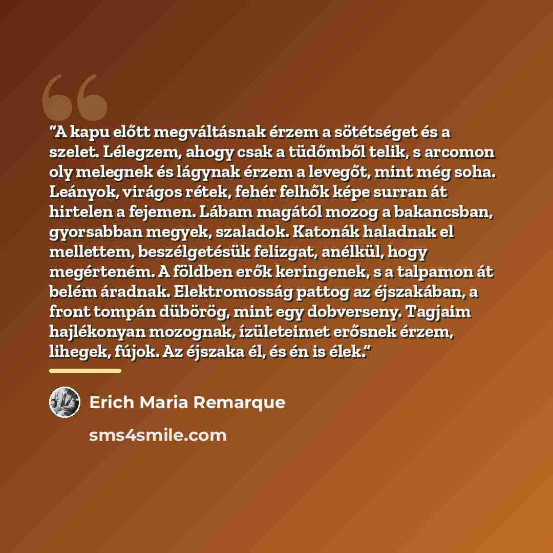 “A kapu előtt megváltásnak érzem a sötétséget és a szelet. Lélegzem, ahogy csak a tüdőmből telik, s arcomon oly melegnek és lágynak érzem a levegőt, mint még soha. Leányok, virágos rétek, fehér felhők képe surran át hirtelen a fejemen. Lábam magától mozog a bakancsban, gyorsabban megyek, szaladok…” quote by Erich Maria Remarque