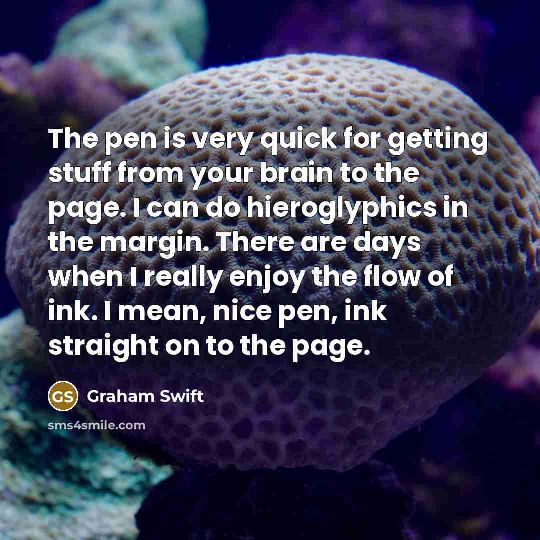 “The pen is very quick for getting stuff from your brain to the page. I can do hieroglyphics in the margin. There are days when I really enjoy the flow of ink. I mean, nice pen, ink straight on to the page.” quote by Graham Swift