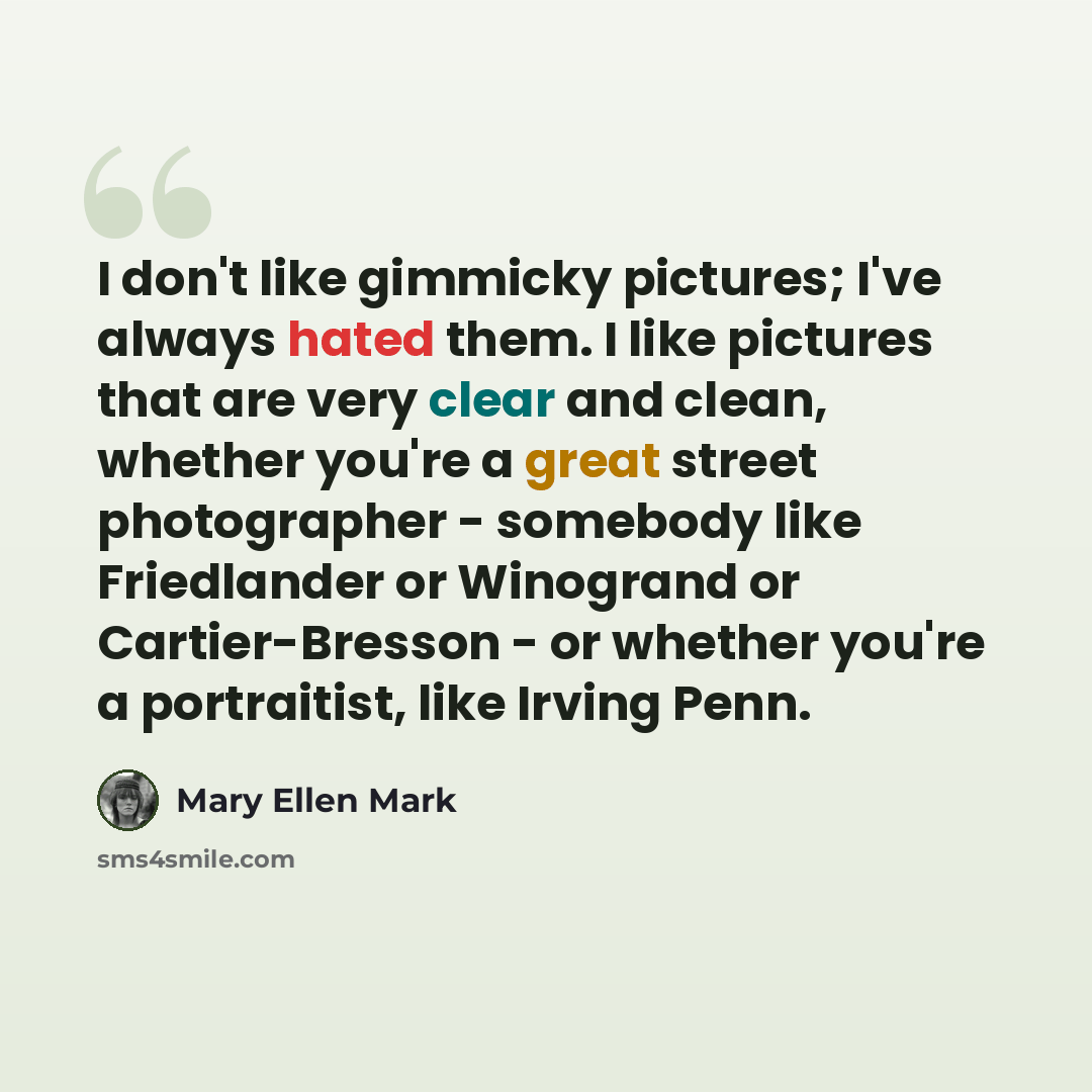“I don't like gimmicky pictures; I've always hated them. I like pictures that are very clear and clean, whether you're a great street photographer - somebody like Friedlander or Winogrand or Cartier-Bresson - or whether you're a portraitist, like Irving Penn.” quote by Mary Ellen Mark