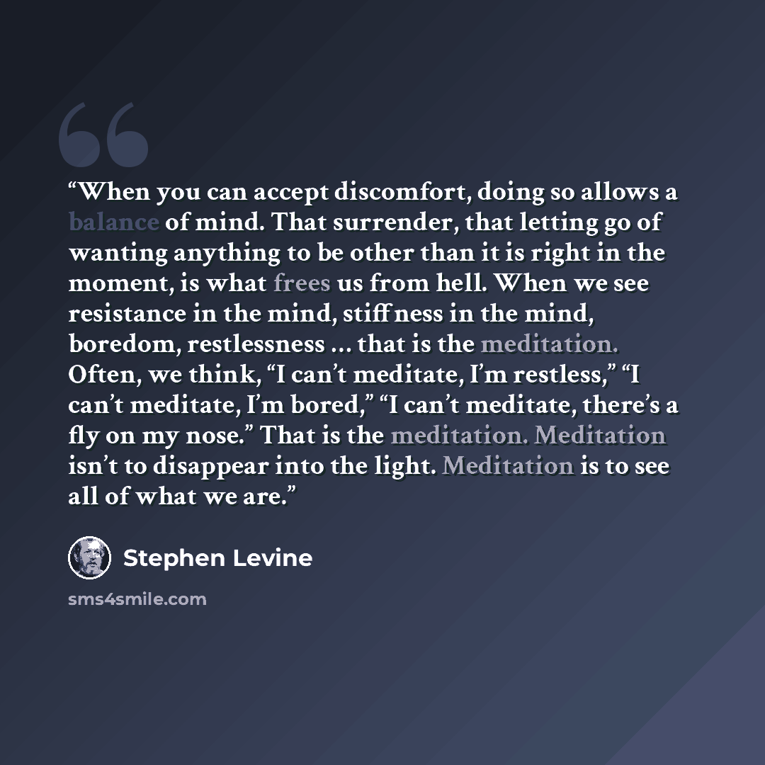 “When you can accept discomfort, doing so allows a balance of mind. That surrender, that letting go of wanting anything to be other than it is right in the moment, is what frees us from hell. When we see resistance in the mind, stiffness in the mind, boredom, restlessness … that is the meditation…” quote by Stephen Levine