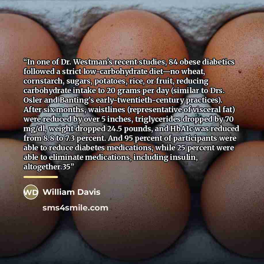 “In one of Dr. Westman’s recent studies, 84 obese diabetics followed a strict low-carbohydrate diet—no wheat, cornstarch, sugars, potatoes, rice, or fruit, reducing carbohydrate intake to 20 grams per day (similar to Drs. Osler and Banting’s early-twentieth-century practices). After six months…” quote by William Davis