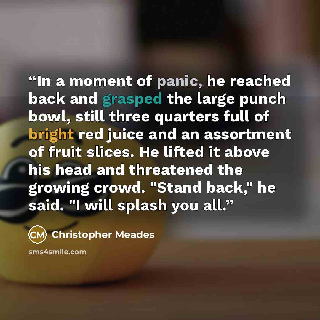“In a moment of panic, he reached back and grasped the large punch bowl, still three quarters full of bright red juice and an assortment of fruit slices. He lifted it above his head and threatened the growing crowd. "Stand back," he said. "I will splash you all.” quote by Christopher Meades