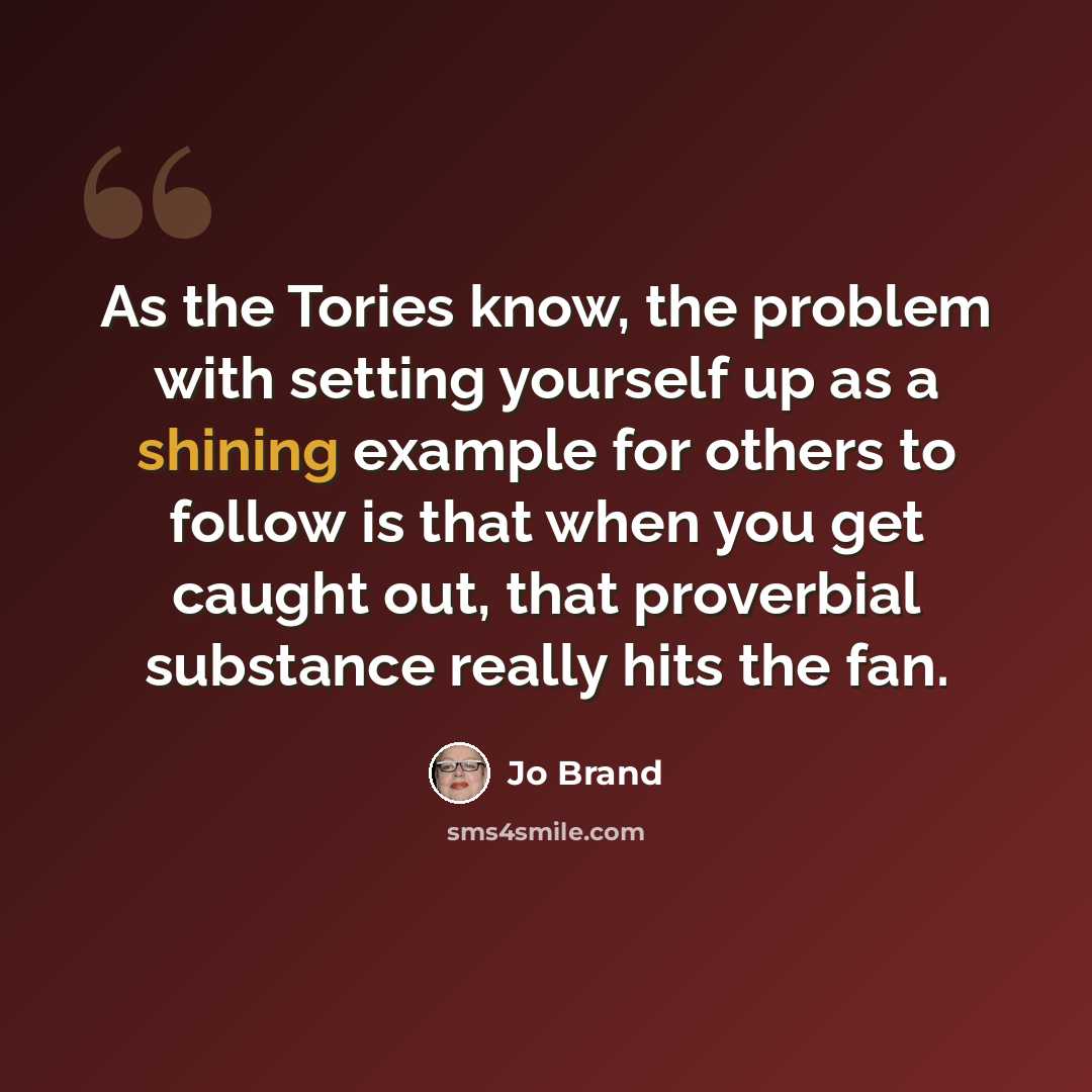“As the Tories know, the problem with setting yourself up as a shining example for others to follow is that when you get caught out, that proverbial substance really hits the fan.” quote by Jo Brand
