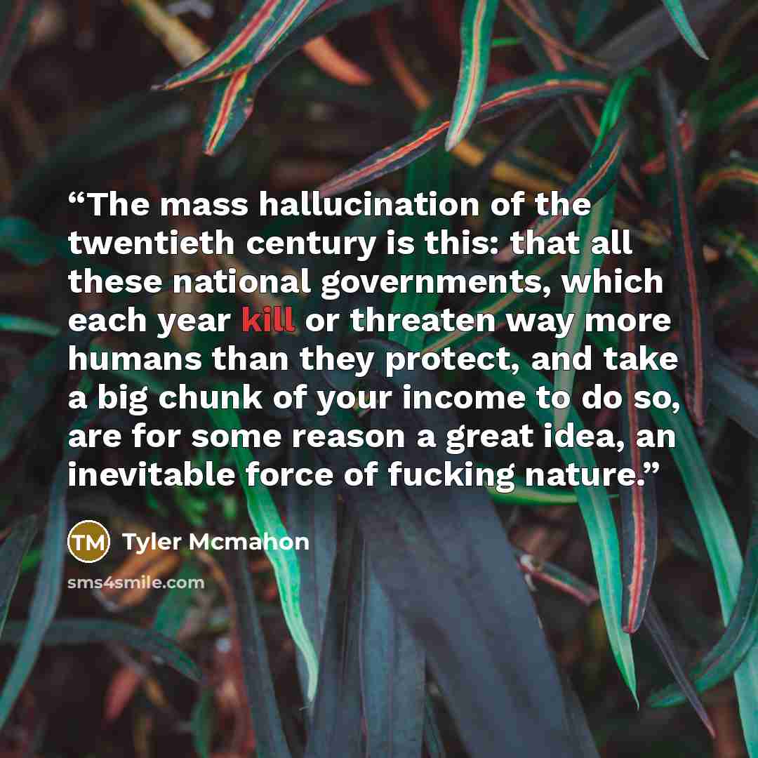 “The mass hallucination of the twentieth century is this: that all these national governments, which each year kill or threaten way more humans than they protect, and take a big chunk of your income to do so, are for some reason a great idea, an inevitable force of fucking nature.” quote by Tyler Mcmahon