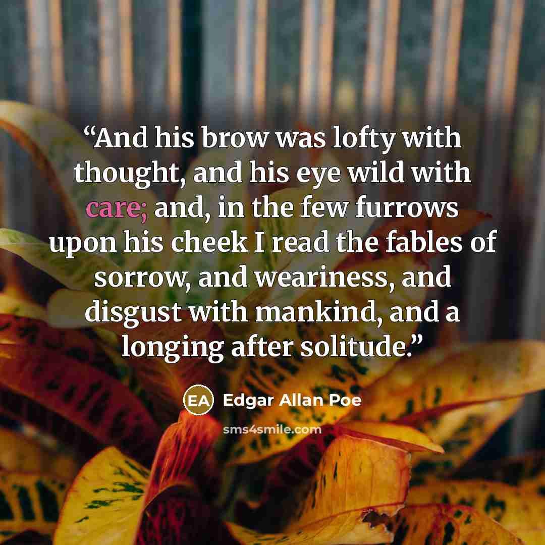 “And his brow was lofty with thought, and his eye wild with care; and, in the few furrows upon his cheek I read the fables of sorrow, and weariness, and disgust with mankind, and a longing after solitude.” quote by Edgar Allan Poe