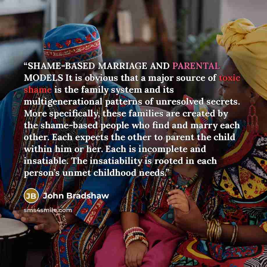 “SHAME-BASED MARRIAGE AND PARENTAL MODELS It is obvious that a major source of toxic shame is the family system and its multigenerational patterns of unresolved secrets. More specifically, these families are created by the shame-based people who find and marry each other. Each expects the other to…” quote by John Bradshaw