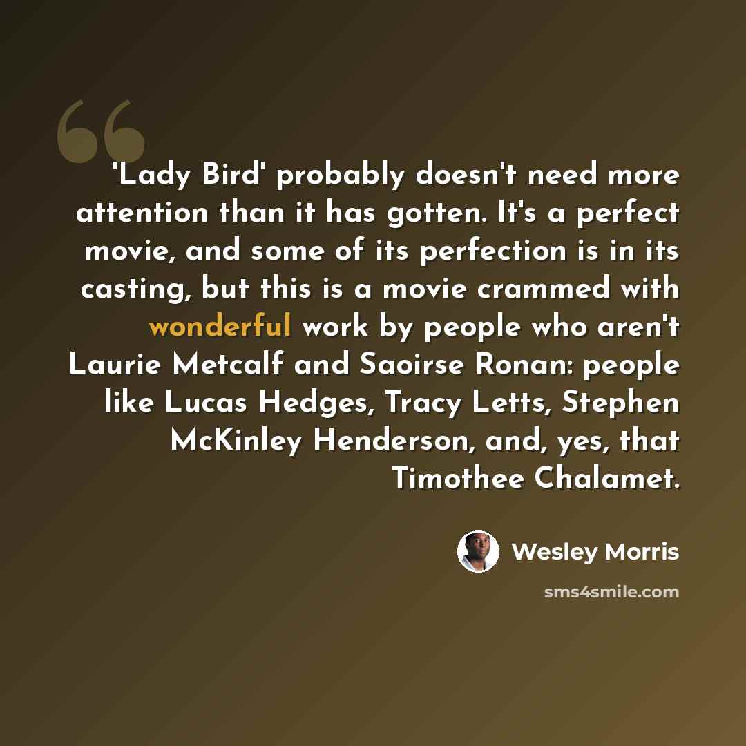 “'Lady Bird' probably doesn't need more attention than it has gotten. It's a perfect movie, and some of its perfection is in its casting, but this is a movie crammed with wonderful work by people who aren't Laurie Metcalf and Saoirse Ronan: people like Lucas Hedges, Tracy Letts, Stephen McKinley…” quote by Wesley Morris