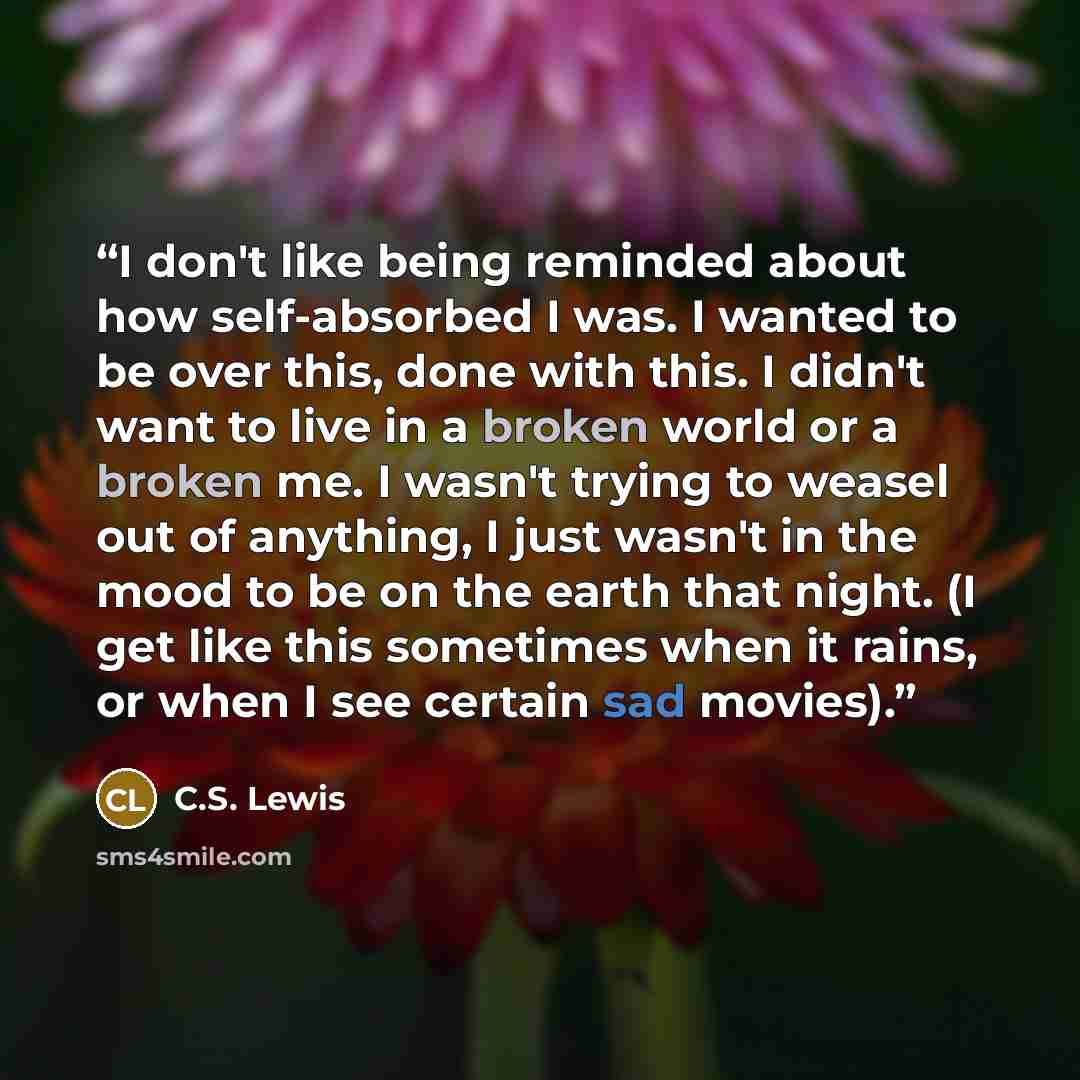 “I don't like being reminded about how self-absorbed I was. I wanted to be over this, done with this. I didn't want to live in a broken world or a broken me. I wasn't trying to weasel out of anything, I just wasn't in the mood to be on the earth that night. (I get like this sometimes when it rains…” quote by C.S. Lewis