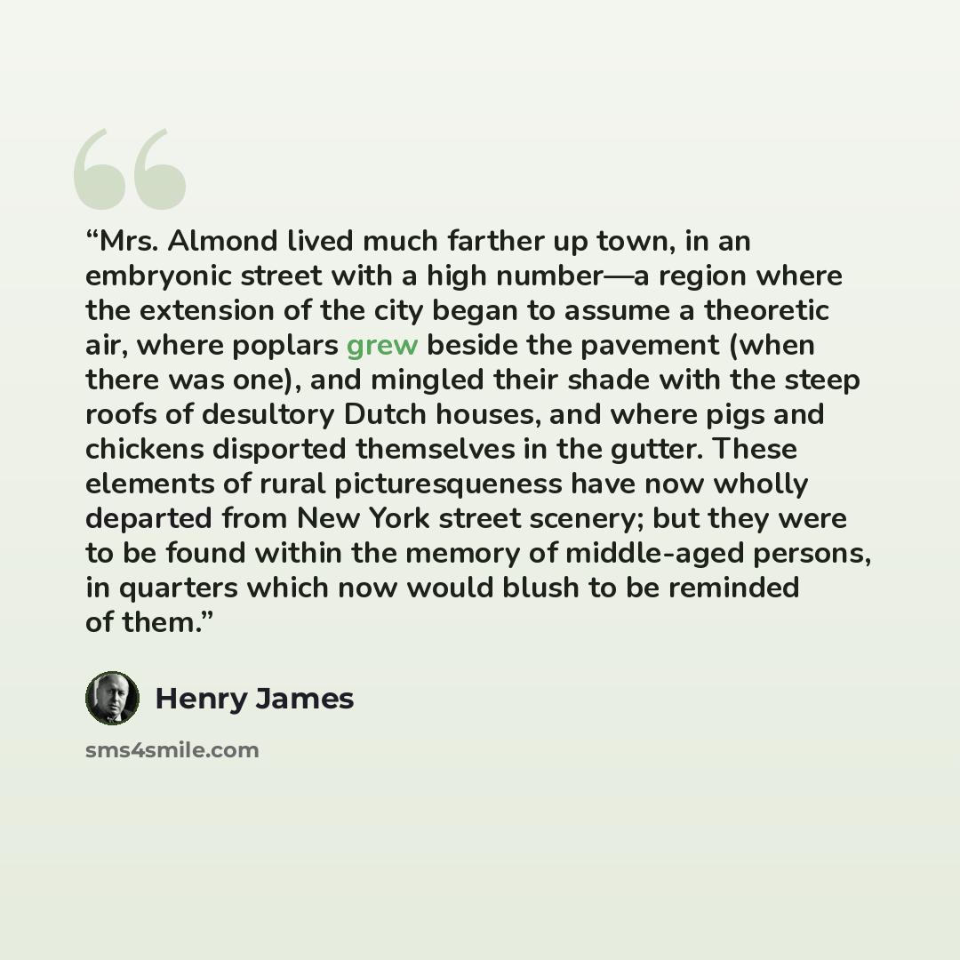 “Mrs. Almond lived much farther up town, in an embryonic street with a high number—a region where the extension of the city began to assume a theoretic air, where poplars grew beside the pavement (when there was one), and mingled their shade with the steep roofs of desultory Dutch houses, and where…” quote by Henry James