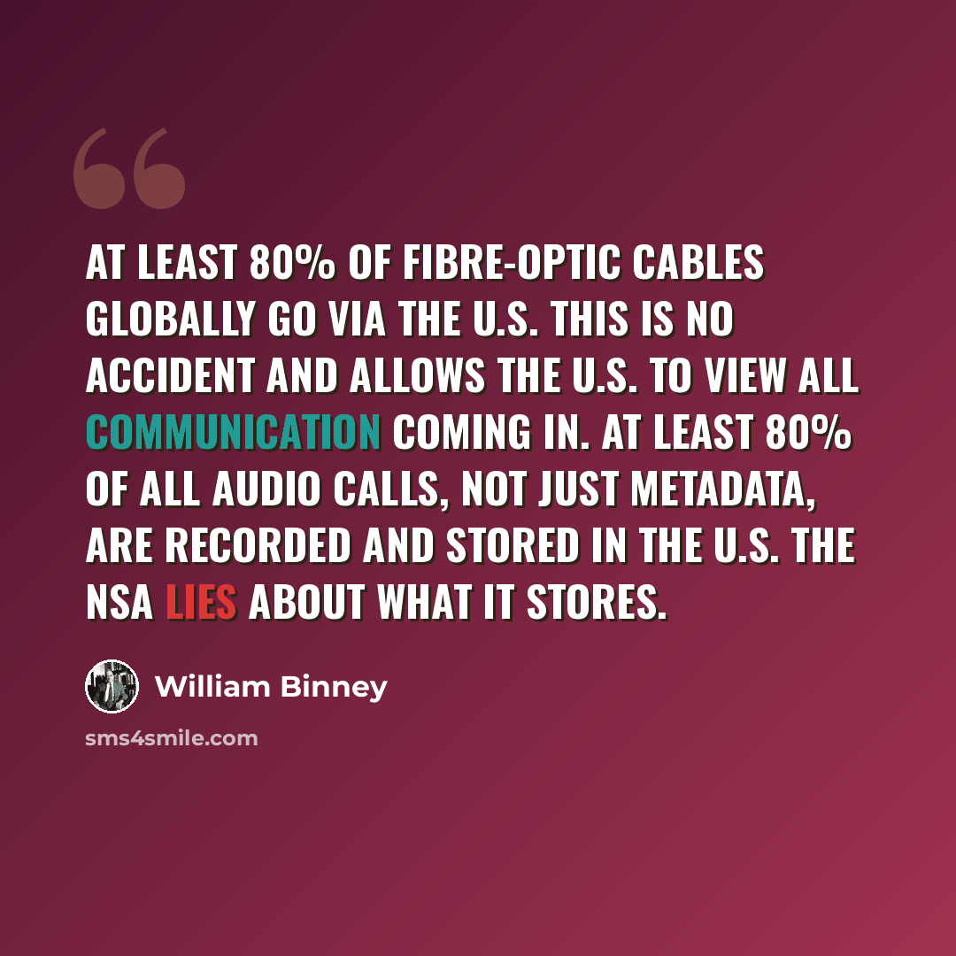 “At least 80% of fibre-optic cables globally go via the U.S. This is no accident and allows the U.S. to view all communication coming in. At least 80% of all audio calls, not just metadata, are recorded and stored in the U.S. The NSA lies about what it stores.” quote by William Binney