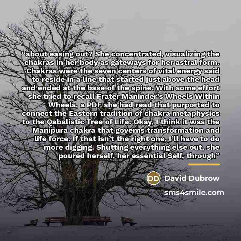 “about easing out? She concentrated, visualizing the chakras in her body as gateways for her astral form. Chakras were the seven centers of vital energy said to reside in a line that started just above the head and ended at the base of the spine. With some effort she tried to recall Frater…” quote by David Dubrow