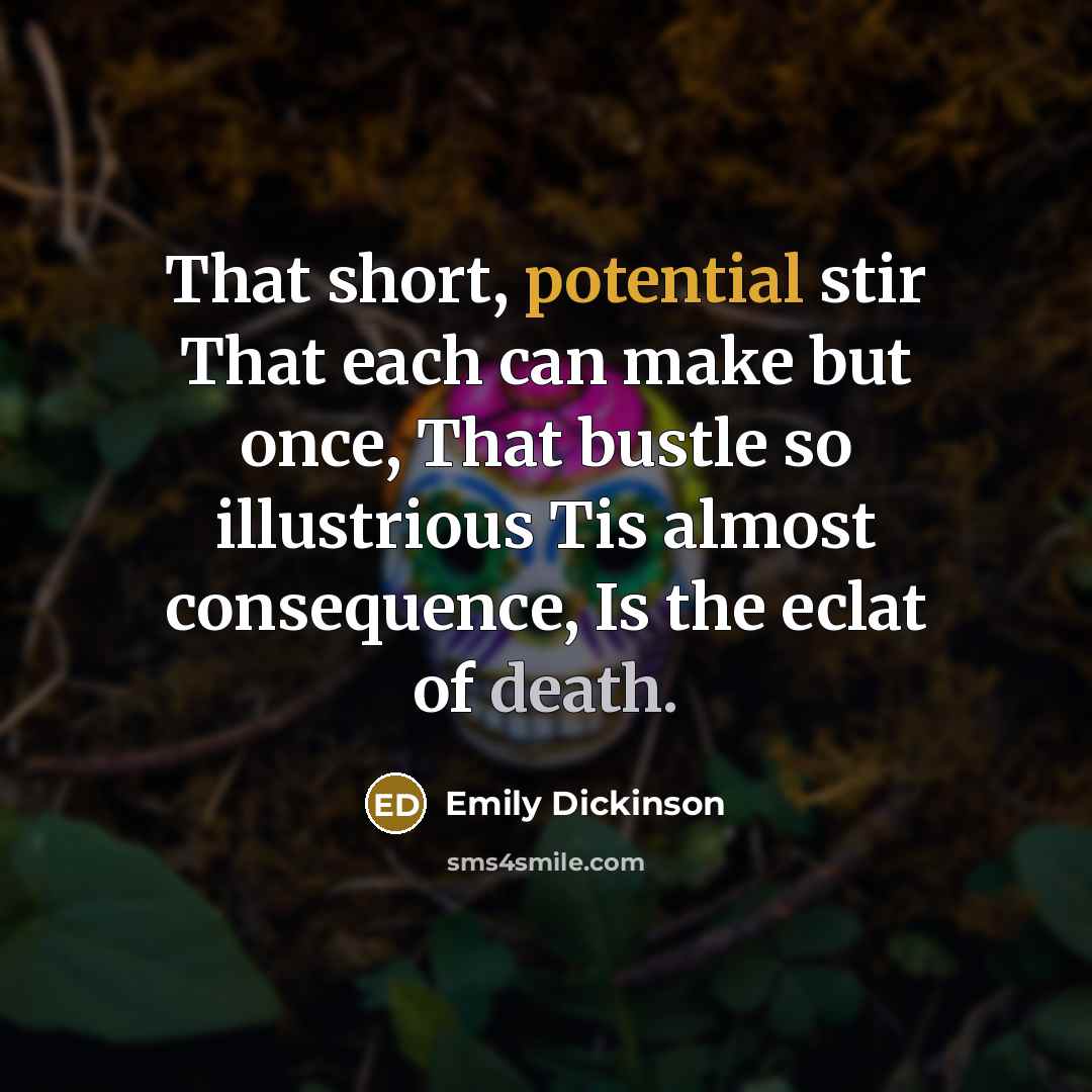 “That short, potential stir That each can make but once, That bustle so illustrious Tis almost consequence, Is the eclat of death.” quote by Emily Dickinson