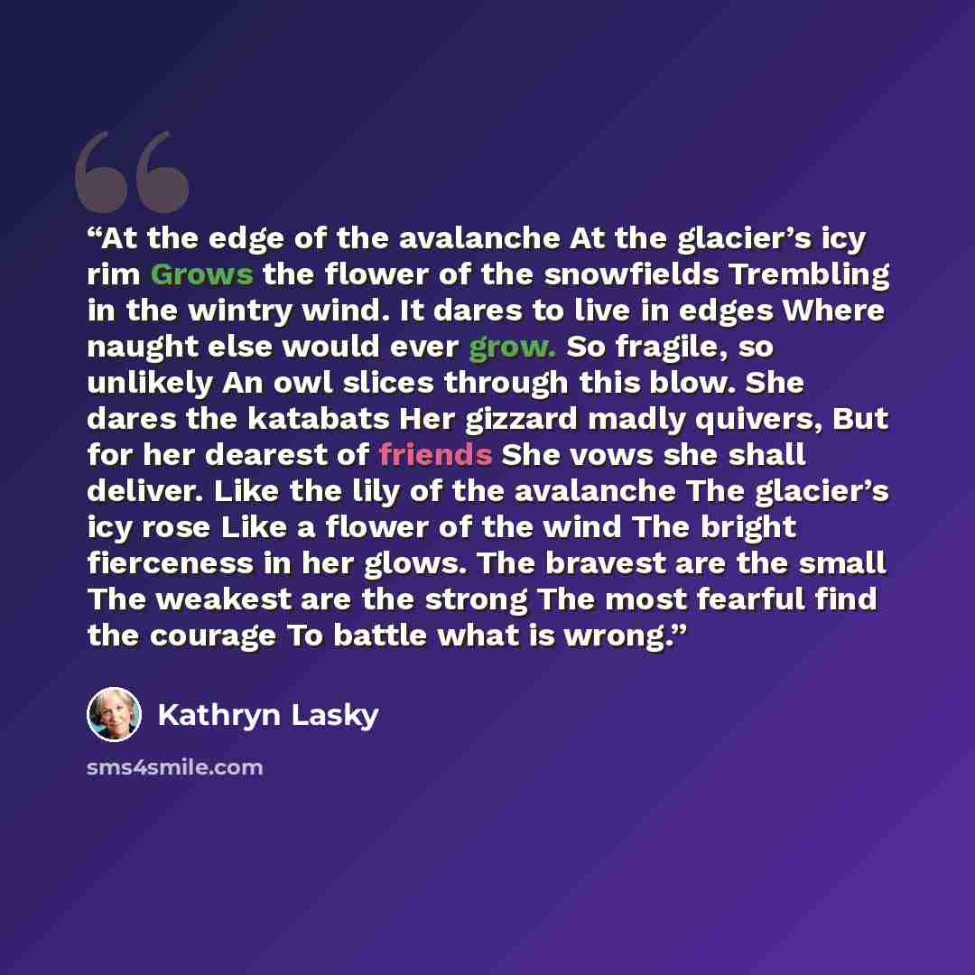 “At the edge of the avalanche At the glacier’s icy rim Grows the flower of the snowfields Trembling in the wintry wind. It dares to live in edges Where naught else would ever grow. So fragile, so unlikely An owl slices through this blow. She dares the katabats Her gizzard madly quivers, But for her…” quote by Kathryn Lasky