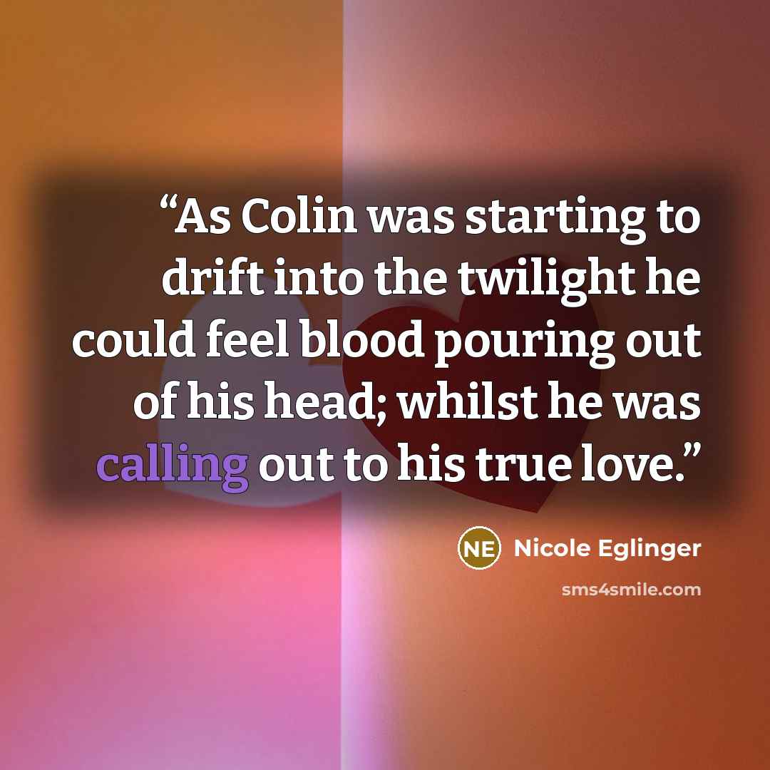 “As Colin was starting to drift into the twilight he could feel blood pouring out of his head; whilst he was calling out to his true love.” quote by Nicole Eglinger