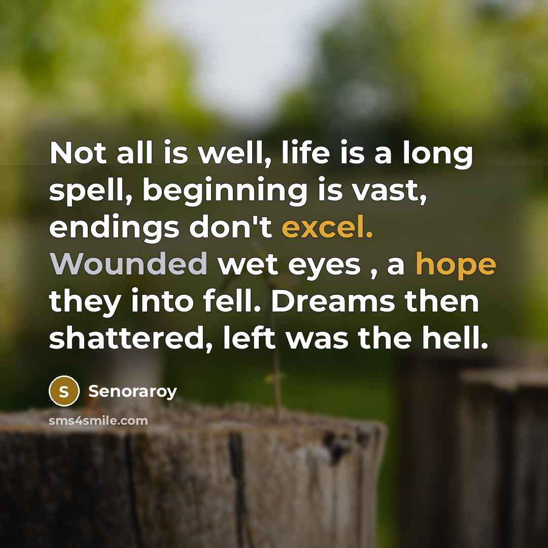 “Not all is well, life is a long spell, beginning is vast, endings don't excel. Wounded wet eyes , a hope they into fell. Dreams then shattered, left was the hell.” quote by Senoraroy