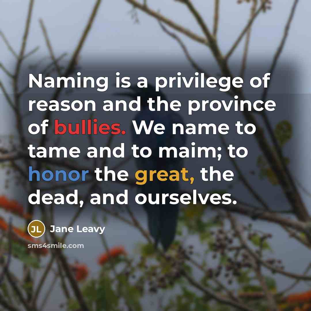 “Naming is a privilege of reason and the province of bullies. We name to tame and to maim; to honor the great, the dead, and ourselves.” quote by Jane Leavy