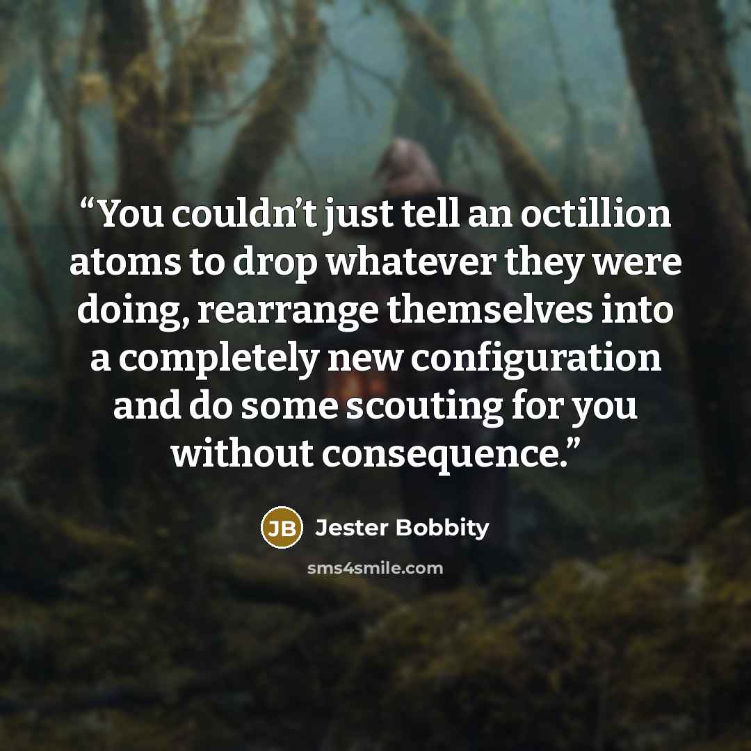 “You couldn’t just tell an octillion atoms to drop whatever they were doing, rearrange themselves into a completely new configuration and do some scouting for you without consequence.” quote by Jester Bobbity
