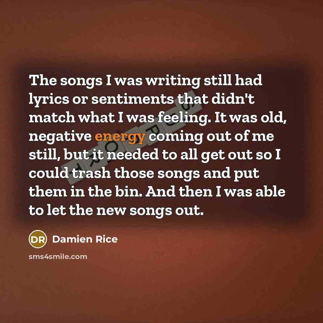 “The songs I was writing still had lyrics or sentiments that didn't match what I was feeling. It was old, negative energy coming out of me still, but it needed to all get out so I could trash those songs and put them in the bin. And then I was able to let the new songs out.” quote by Damien Rice