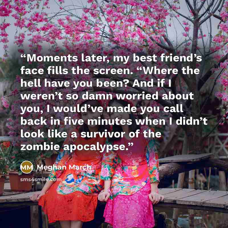 “Moments later, my best friend’s face fills the screen. “Where the hell have you been? And if I weren’t so damn worried about you, I would’ve made you call back in five minutes when I didn’t look like a survivor of the zombie apocalypse.” quote by Meghan March
