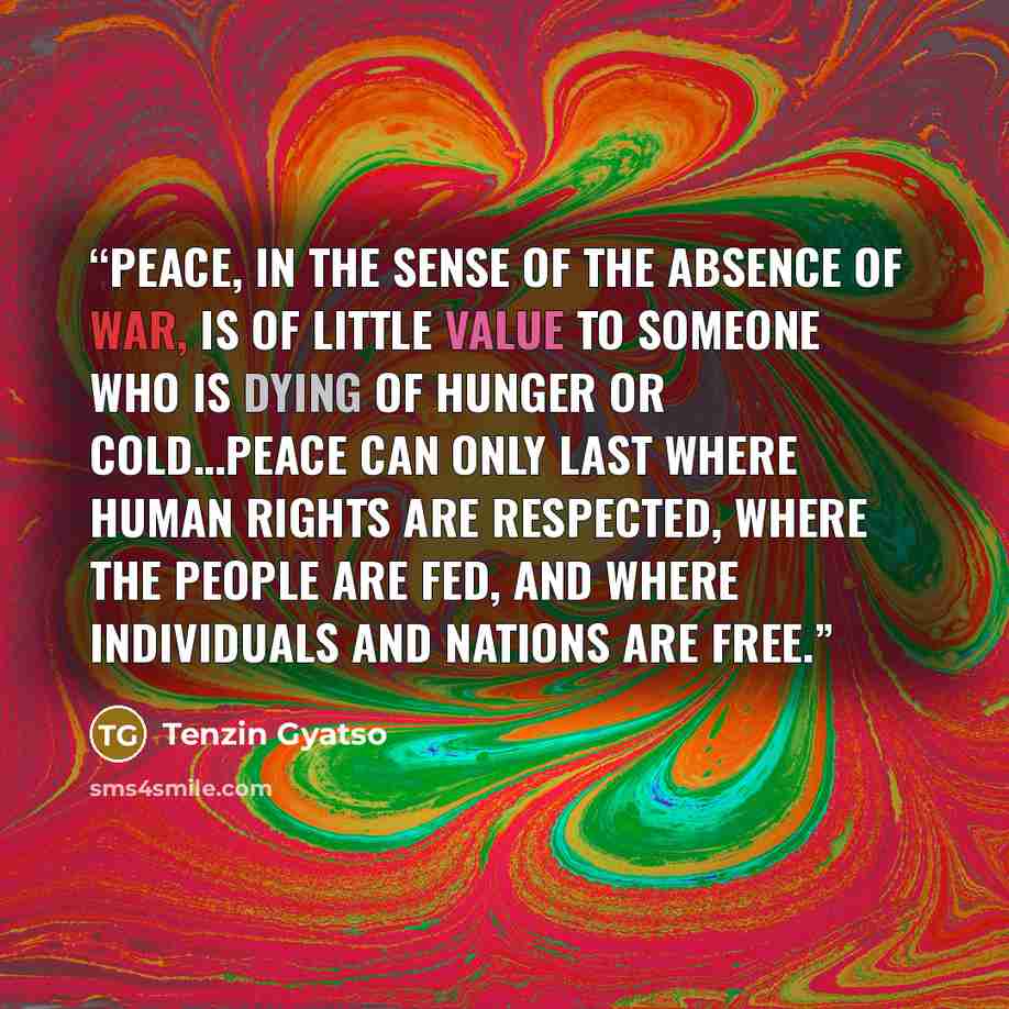 “Peace, in the sense of the absence of war, is of little value to someone who is dying of hunger or cold…Peace can only last where human rights are respected, where the people are fed, and where individuals and nations are free.” quote by Tenzin Gyatso