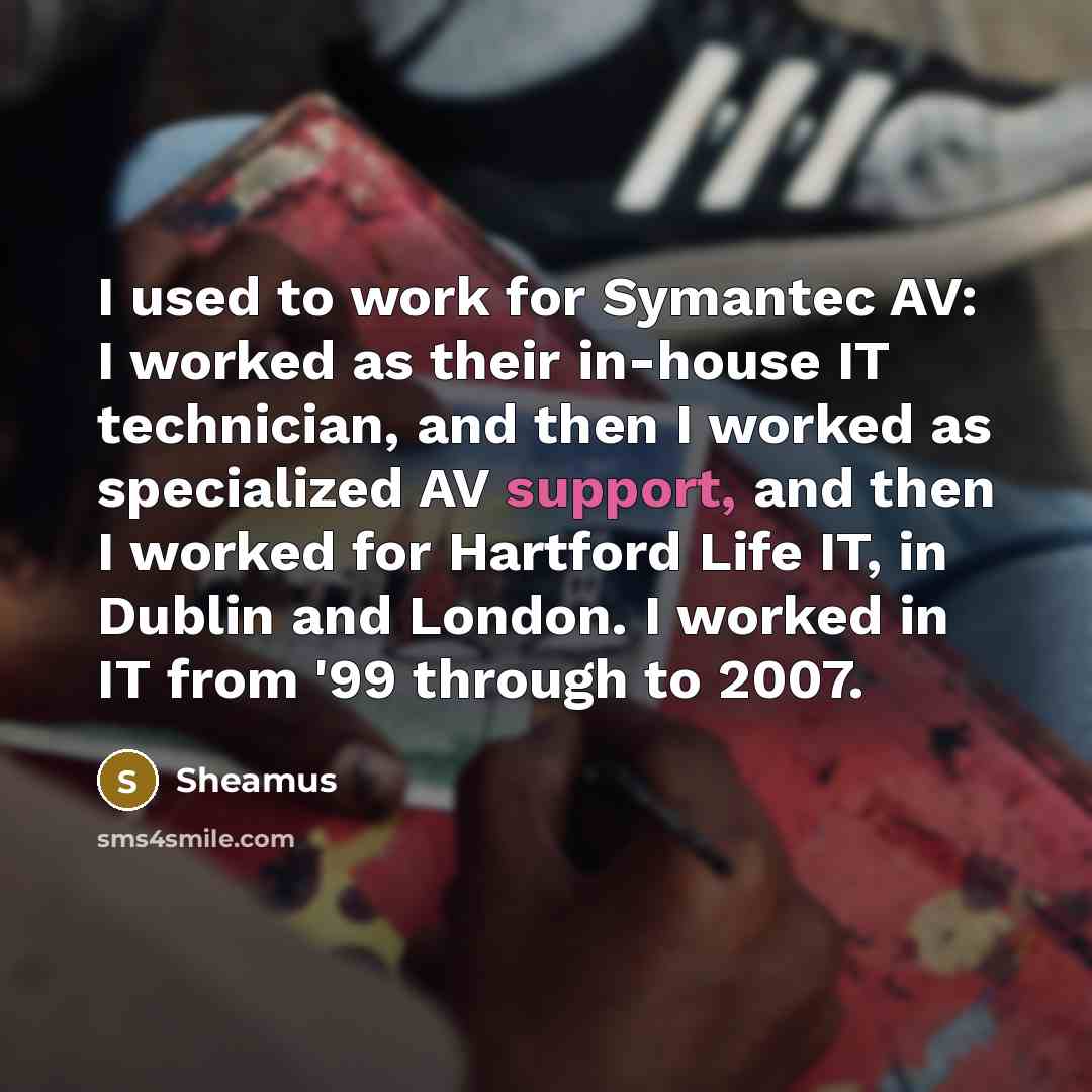 “I used to work for Symantec AV: I worked as their in-house IT technician, and then I worked as specialized AV support, and then I worked for Hartford Life IT, in Dublin and London. I worked in IT from '99 through to 2007.” quote by Sheamus