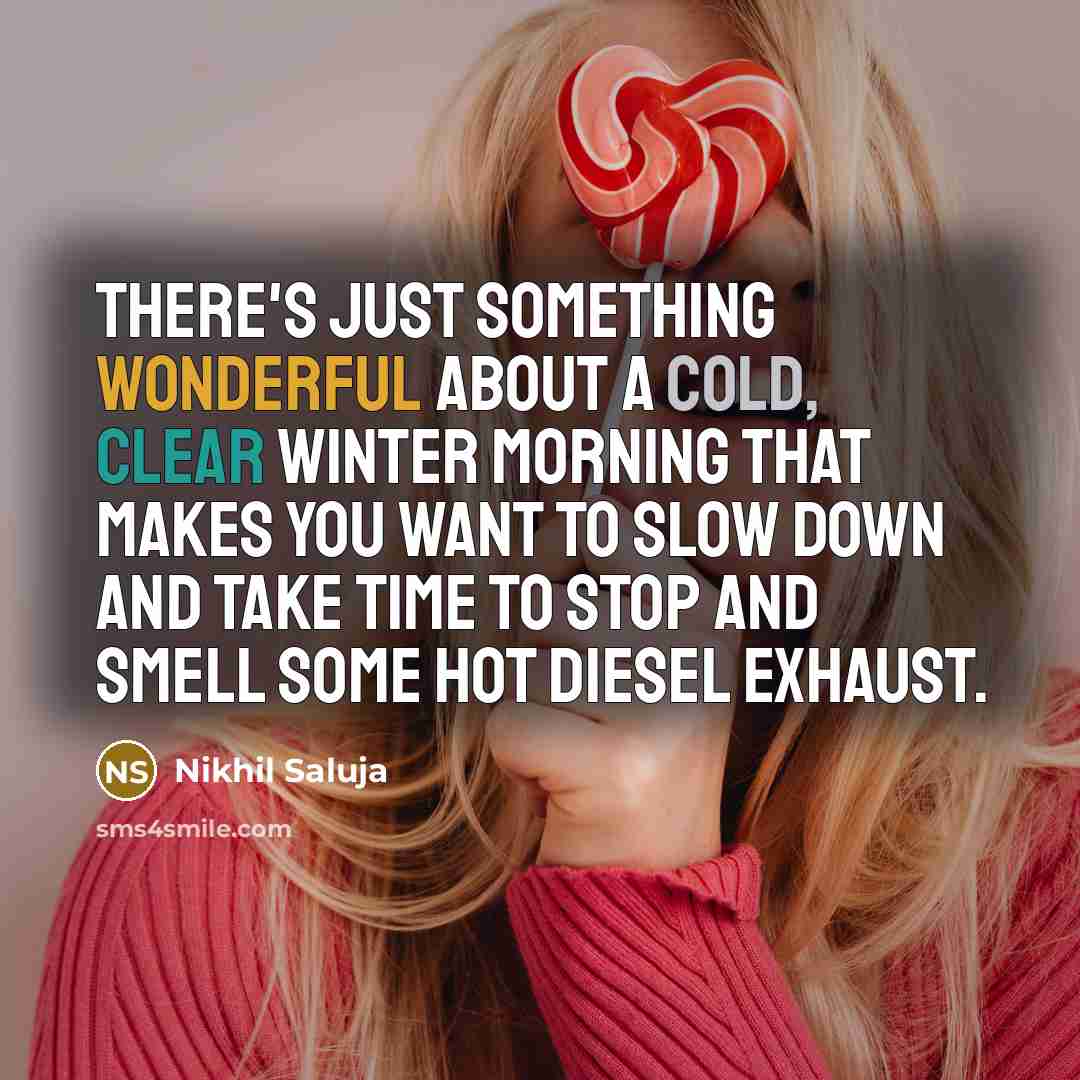 “There's just something wonderful about a cold, clear winter morning that makes you want to slow down and take time to stop and smell some hot diesel exhaust.” quote by Nikhil Saluja
