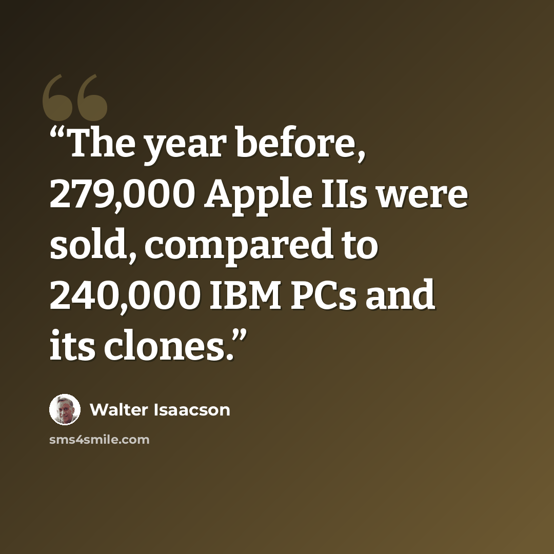 “The year before, 279,000 Apple IIs were sold, compared to 240,000 IBM PCs and its clones.” quote by Walter Isaacson