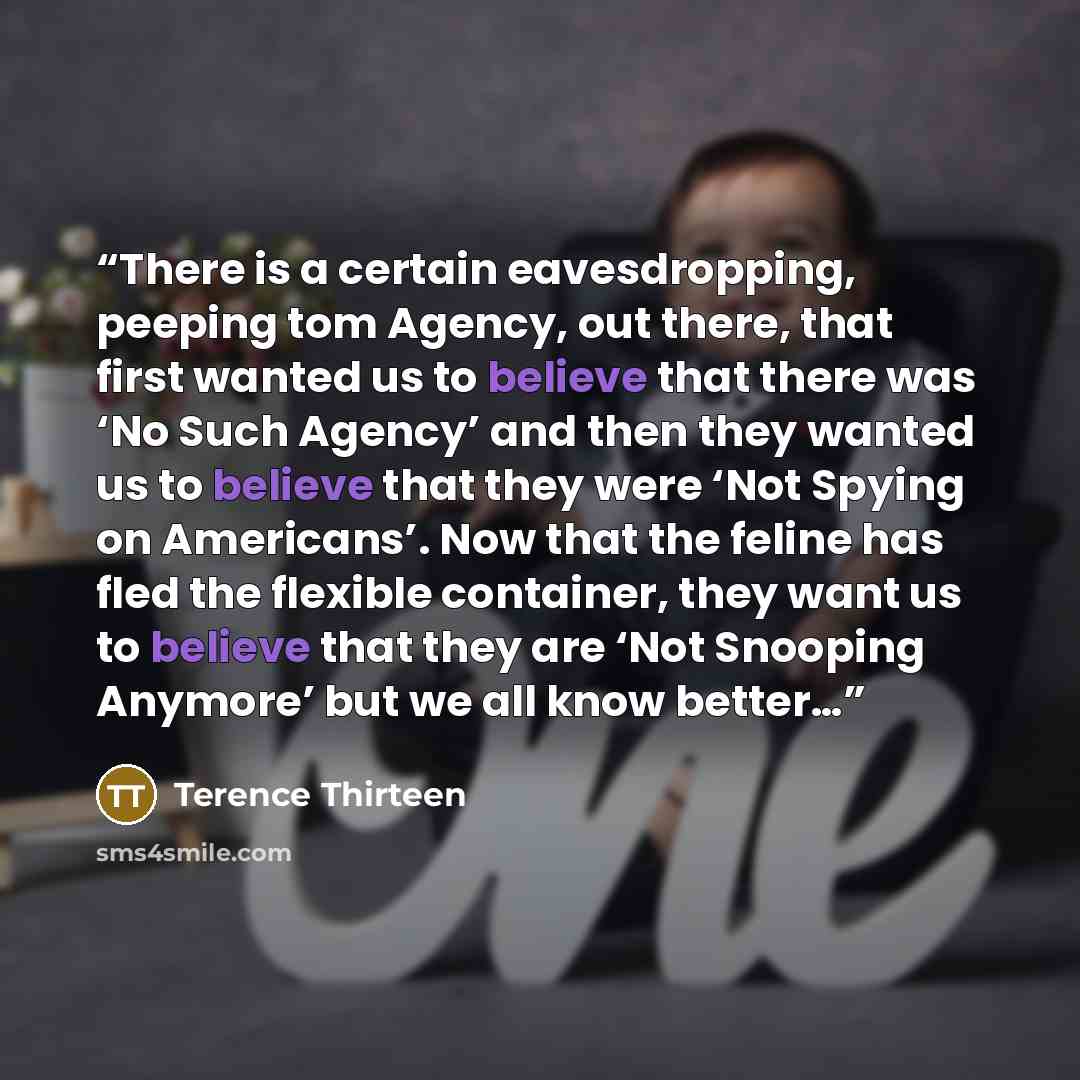 “There is a certain eavesdropping, peeping tom Agency, out there, that first wanted us to believe that there was ‘No Such Agency’ and then they wanted us to believe that they were ‘Not Spying on Americans’. Now that the feline has fled the flexible container, they want us to believe that they are…” quote by Terence Thirteen