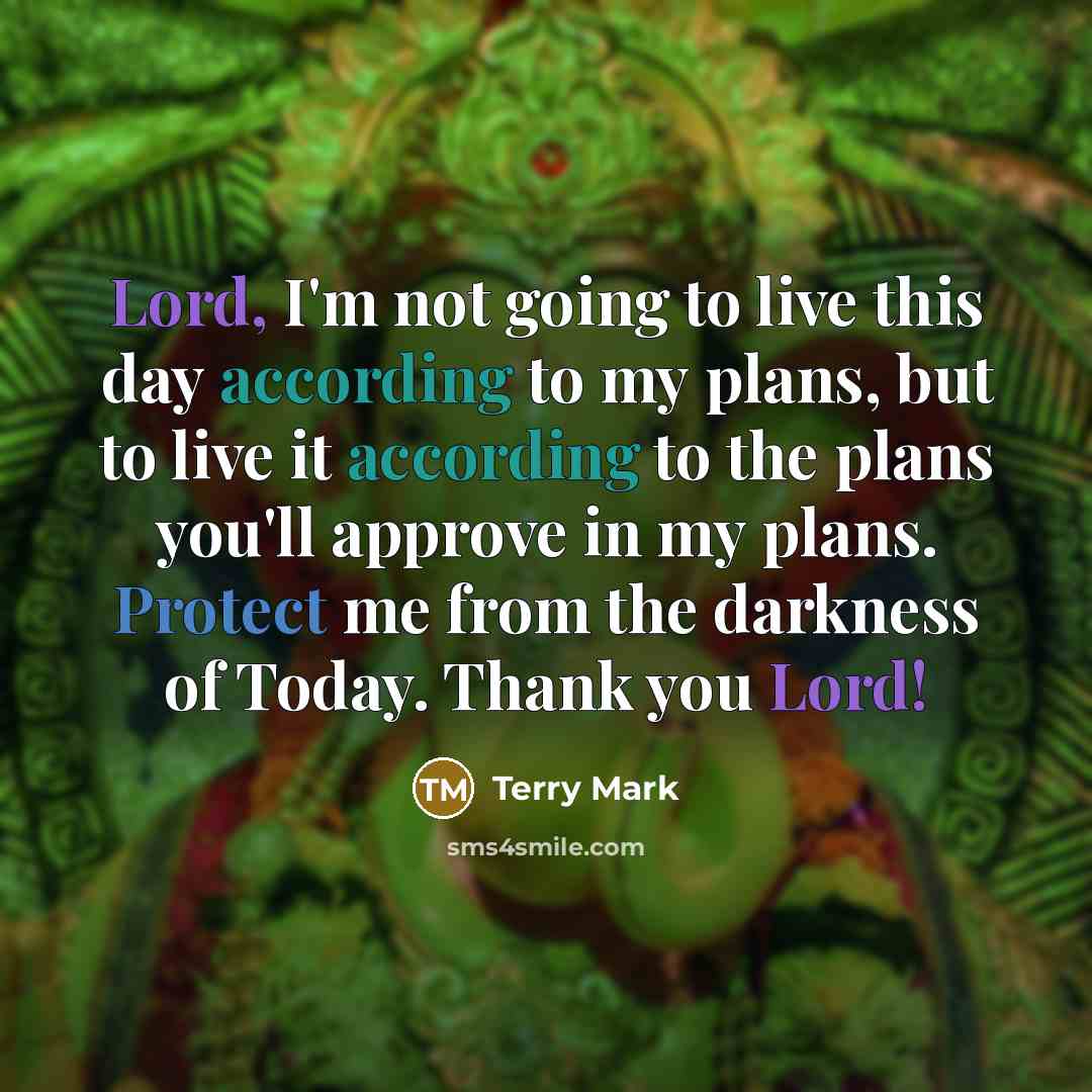 “Lord, I'm not going to live this day according to my plans, but to live it according to the plans you'll approve in my plans. Protect me from the darkness of Today. Thank you Lord!” quote by Terry Mark