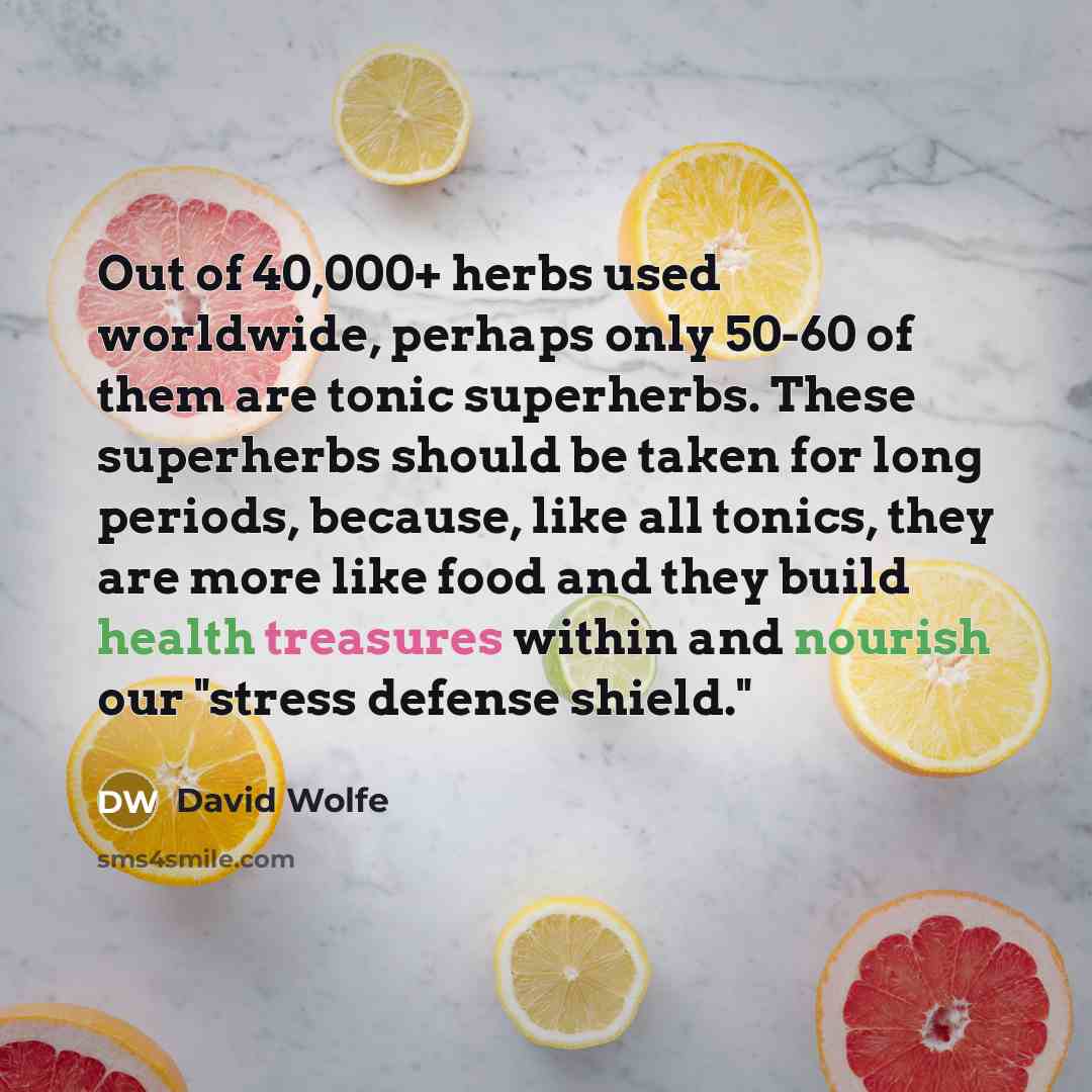 “Out of 40,000+ herbs used worldwide, perhaps only 50-60 of them are tonic superherbs. These superherbs should be taken for long periods, because, like all tonics, they are more like food and they build health treasures within and nourish our "stress defense shield."” quote by David Wolfe