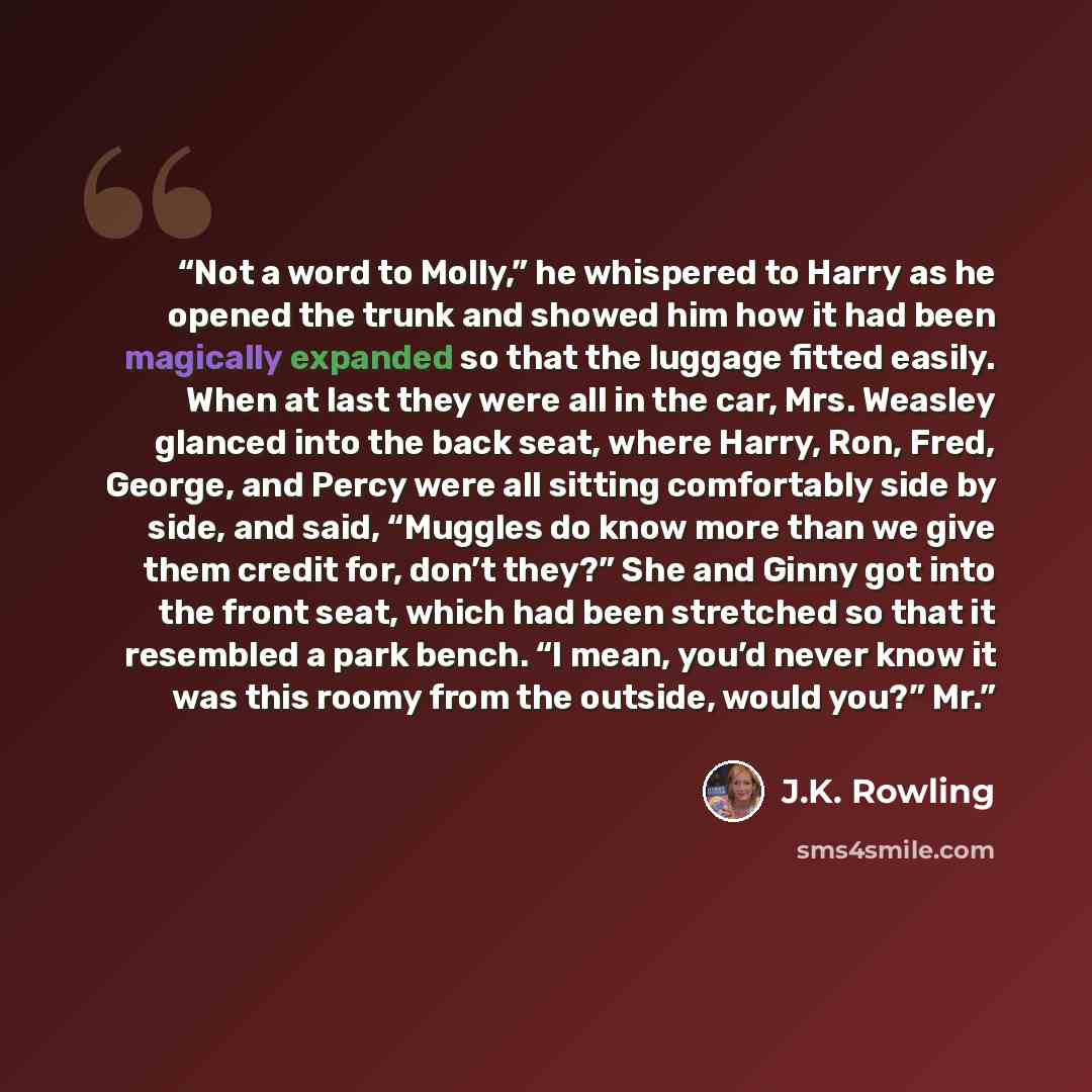 “Not a word to Molly,” he whispered to Harry as he opened the trunk and showed him how it had been magically expanded so that the luggage fitted easily. When at last they were all in the car, Mrs. Weasley glanced into the back seat, where Harry, Ron, Fred, George, and Percy were all sitting…” quote by J.K. Rowling
