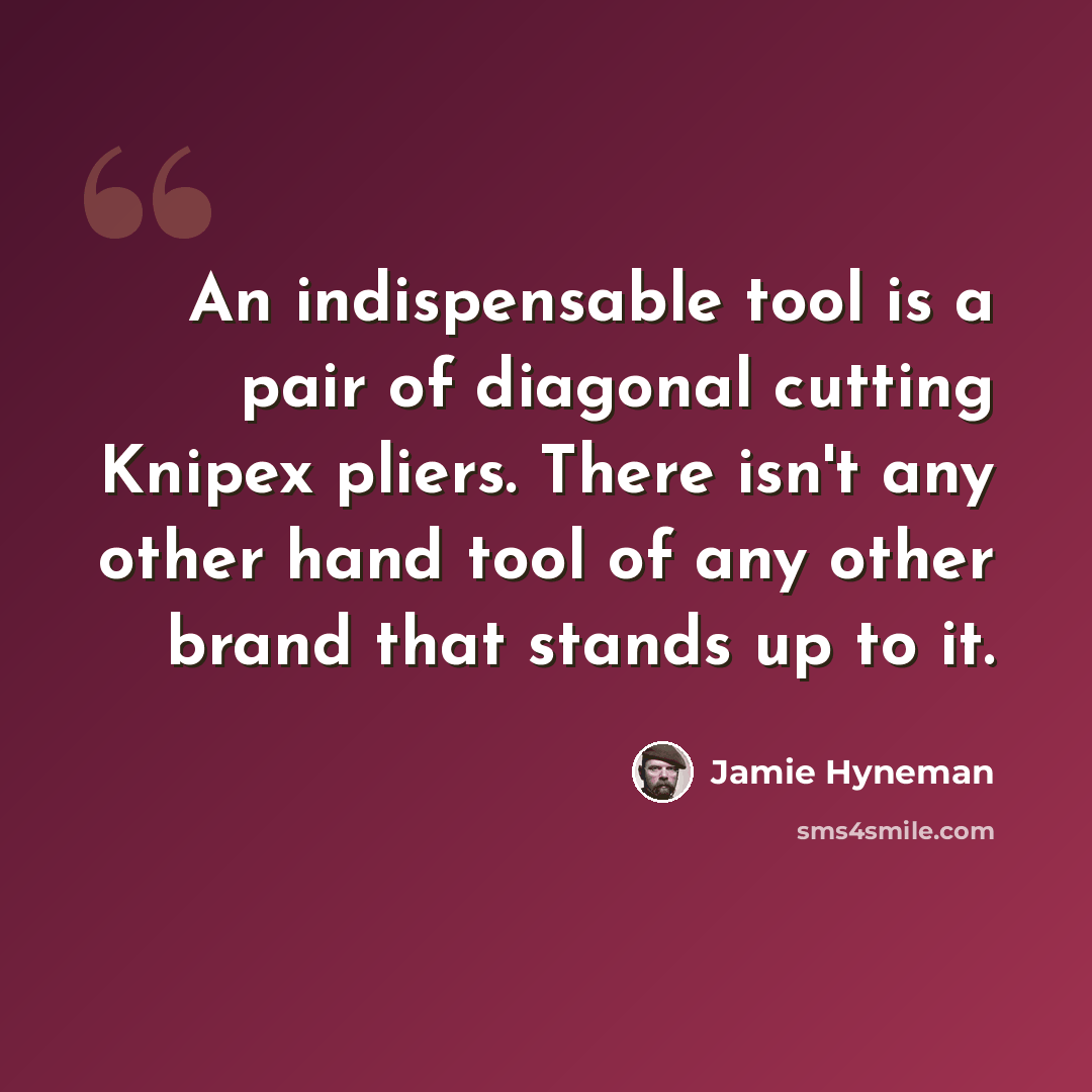 “An indispensable tool is a pair of diagonal cutting Knipex pliers. There isn't any other hand tool of any other brand that stands up to it.” quote by Jamie Hyneman
