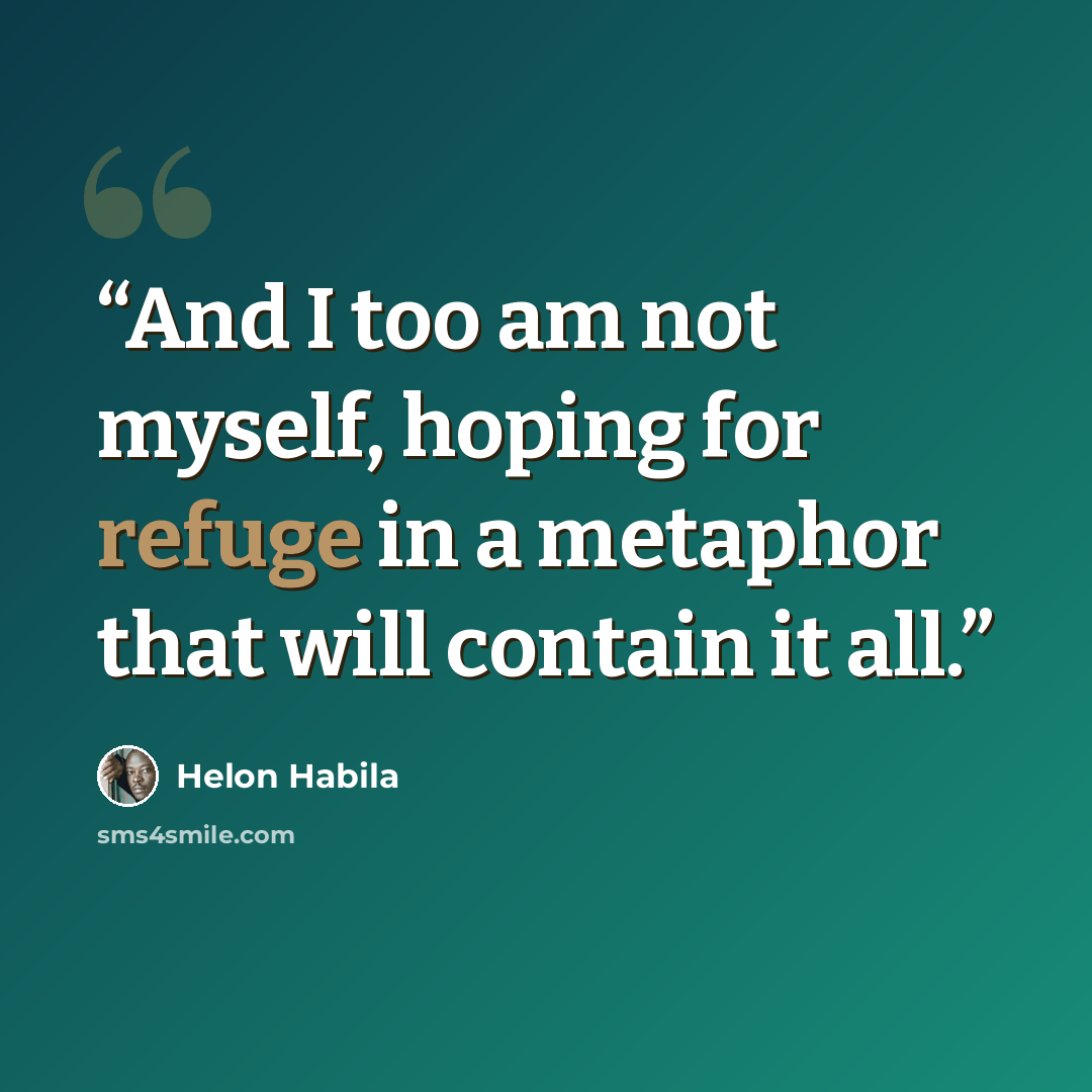 “And I too am not myself, hoping for refuge in a metaphor that will contain it all.” quote by Helon Habila